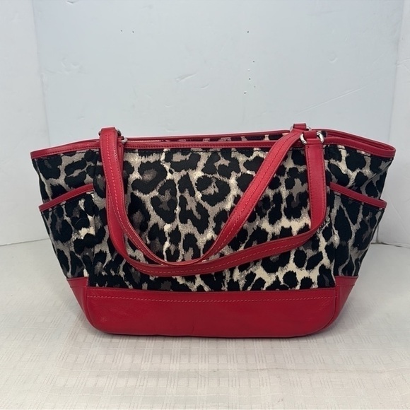 COACH OCELOT LEOPARD CARRIE PARK TOTE BAG F23278 RED BLACK GRAY MULTI - Picture 3 of 10